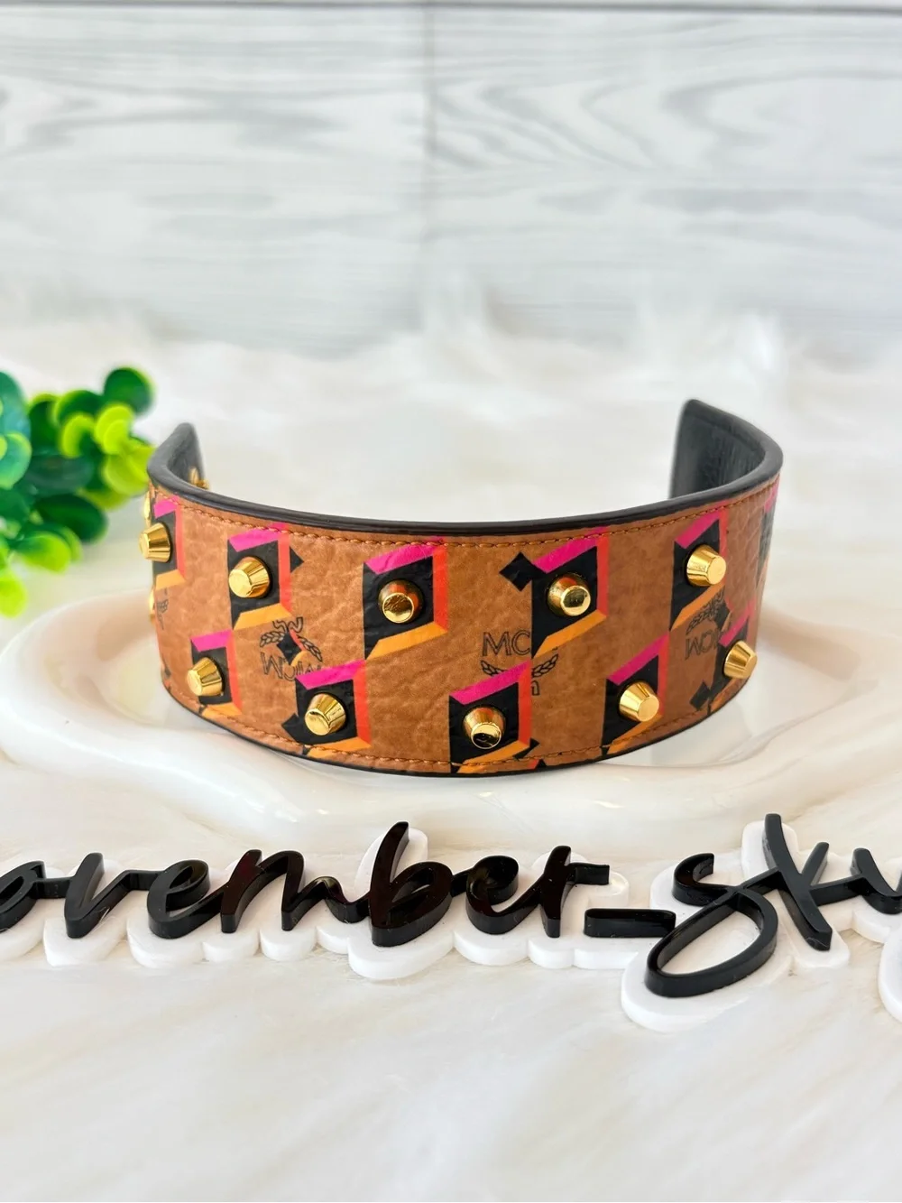 MCM Cognac Visetos Geometric Studded Leather Cuff with Pink & Black Accents